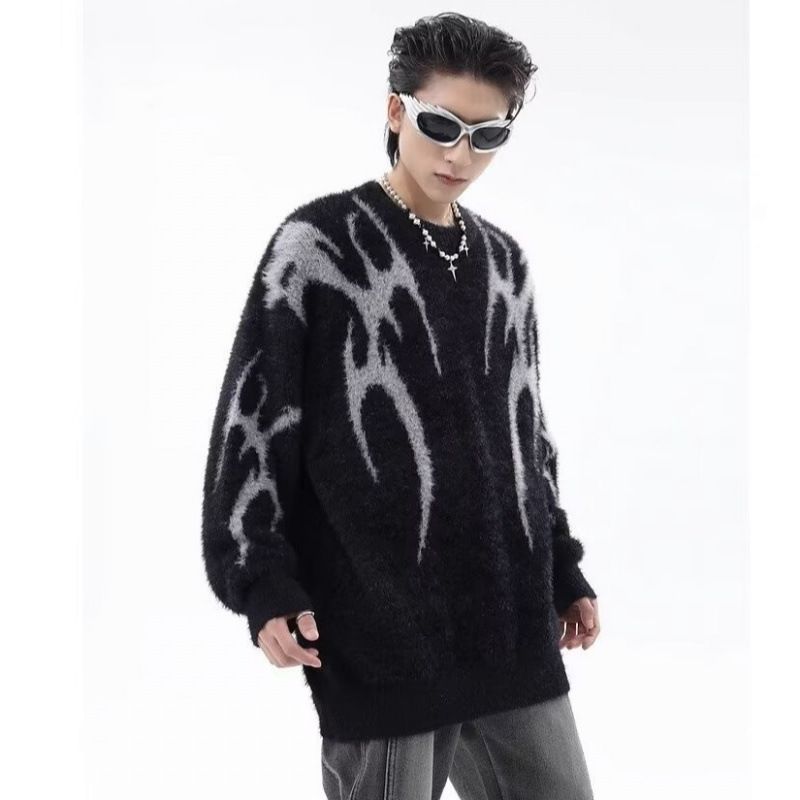 Autumn And Winter High Street Retro Jacquard Design Round Neck Sweater Men's Loose Pullover Knitted Sweater_voghion.com