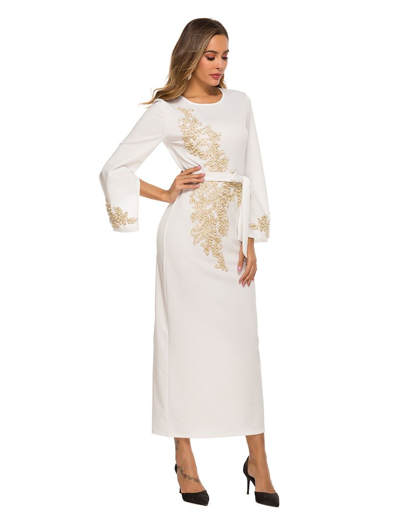 Damenbekleidung im neuen Stil, elegant, bestickt, langer Rock, Spitze, Perlen, Trompetenärmel, Schnürrock_voghion.com