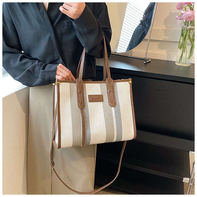 Nowa torba z grubej bawełny o dużej pojemności płócienna torba damska transgraniczny handel zagraniczny kontrastowy kolorowy pasek torba na ramię trend w modzie torba listonoszka_voghion.com