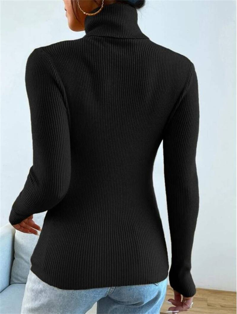 2024 Autumn Winter Women Long Sleeve Knitted Foldover Turtleneck Ribbed Pull Sweater Soft Warm Femme Jumper Pullover Clothes_voghion.com