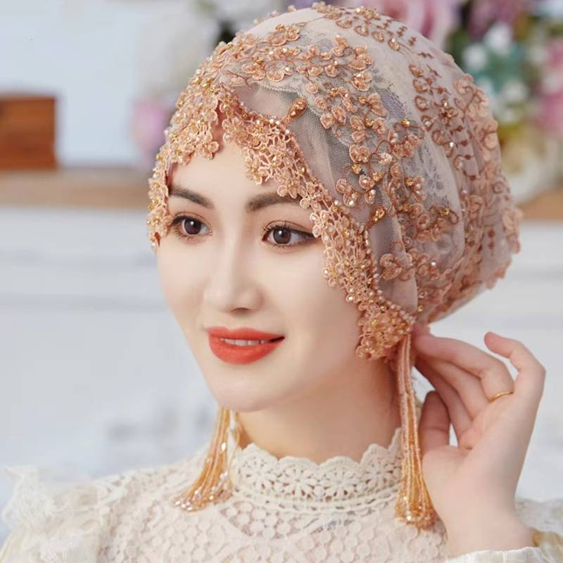 Ethnic Style Hat Saree Cover Head Silk Embroidery Heavy Handmade Sleeve Tassel Headband Hair Covering Hat_voghion.com