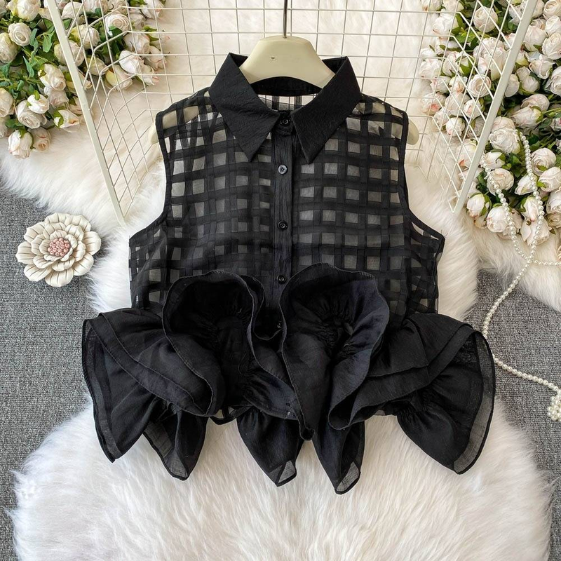 Abbigliamento da donna, top alla moda in stile estivo, camicia senza maniche a quadri sottili con cuciture tridimensionali a forma di bocciolo di fiore._voghion.com