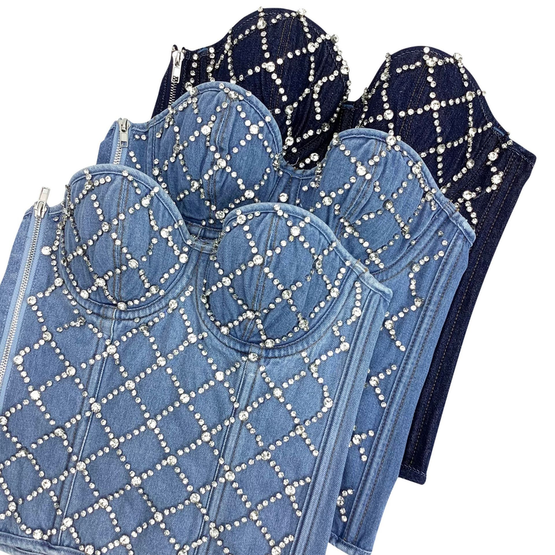 Women's Clothing Diamond Beaded Denim Corset Top - Retro Shaping Bustier With Heart Tie & Cotton Back (Slimming Vintage Zipper Design)_voghion.com