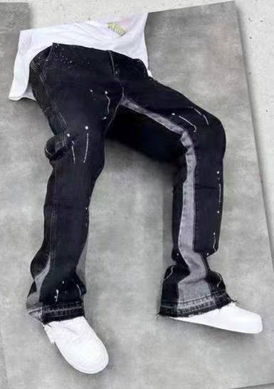 Men's Clothing High Street Trendy Splashed Ink Micro Flared Jeans Retro Vibe Style Loose Straight Casual Mopping Trousers_voghion.com
