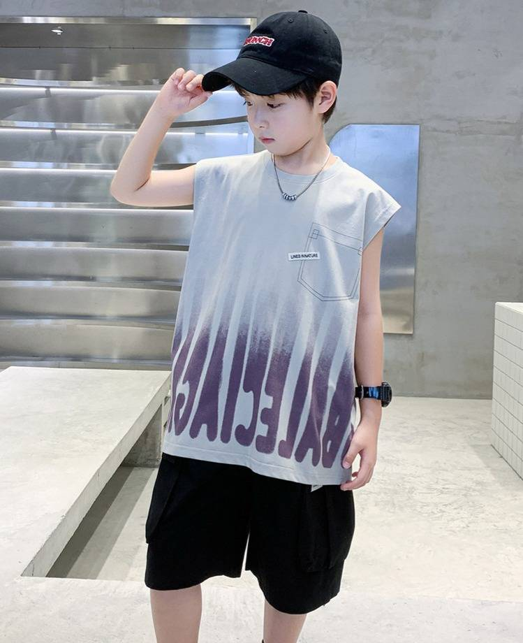 Abbigliamento per bambini, abito estivo con gilet e lettere, per bambini di taglia media e grande, due pezzi_voghion.com