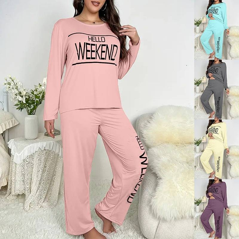 Plus Size Letter Print Long Sleeve Top & Pants Pajama Set, Women's Plus Slight Stretch Casual Loungewear 2pcs Set, Women Plus Size Two Piece Set_voghion.com