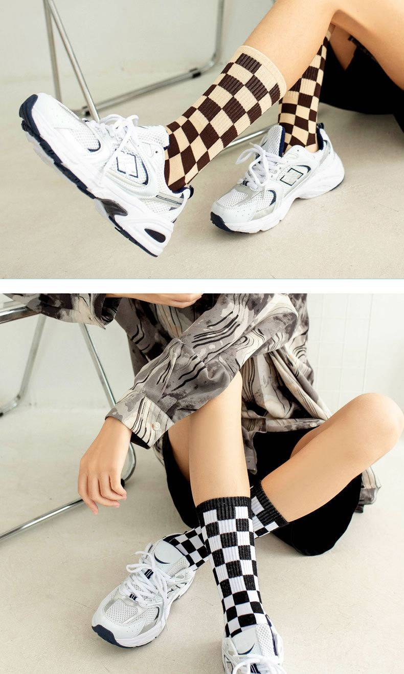 6 Pairs--Checkerboard Men's And Women's Fashion Street Brand Mid Tube Academy Style Cotton Skateboarding Socks_voghion.com