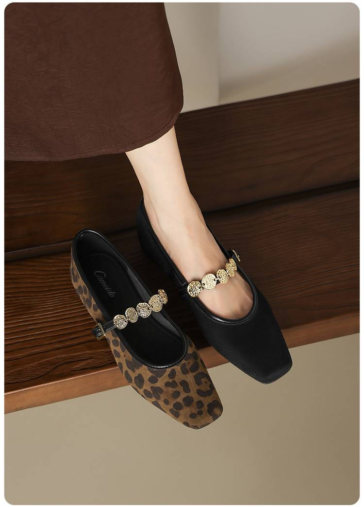 Cameido Trendy Vintage Leopard Print Shoes For Women, 2025 Autumn Metal Buckle Ankle Strap Shallow Square Heel Mary Jane Style_voghion.com