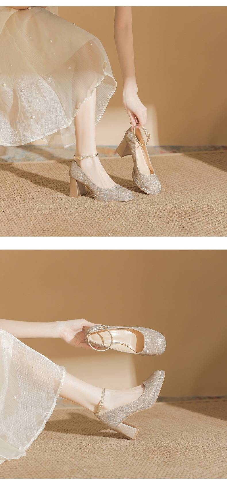 Women's Shoes One Piece Buckle Waterproof Platform Shinning Elegant Mary Jane Chunky Heel Pumps Adjustable Buckle Comfortable Square Toe High Heels_voghion.com