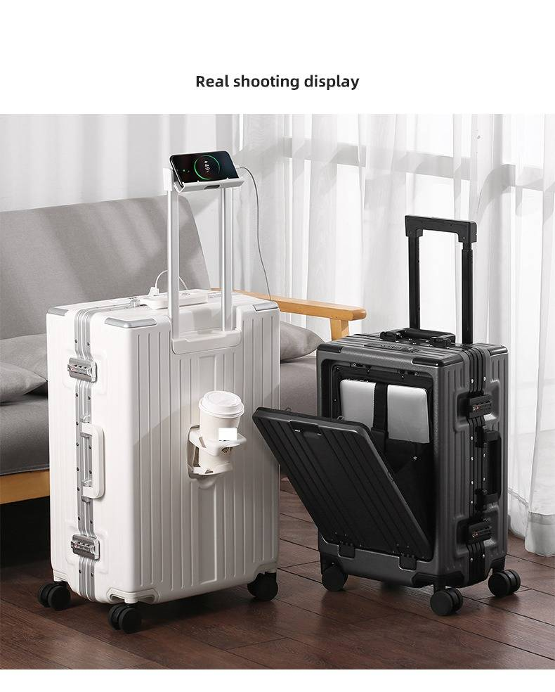 Bagaglio a mano multifunzionale con telaio in alluminio di alta qualità, porte di ricarica USB, ruote girevoli e apertura frontale (canna di fucile/bianco/nero)_voghion.com