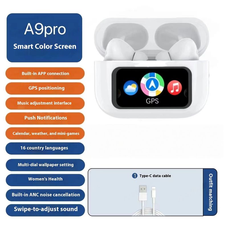 Écouteurs Bluetooth sans fil A9PRO avec ANC, écran couleur, 8 h d'autonomie, mode jeu à faible latence, NFC et contrôle par application_voghion.com