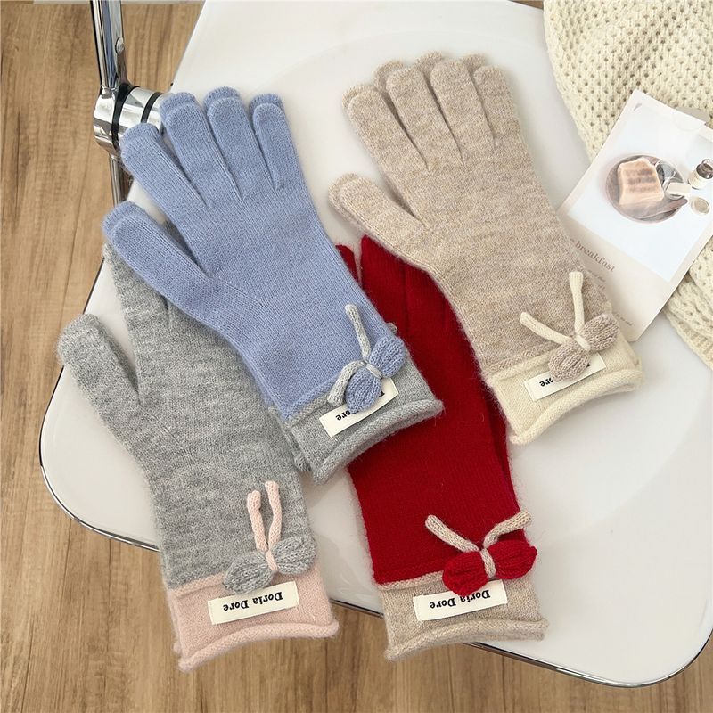 Bowknot Gloves For Girls In Winter, Korean Style, Versatile, Cute For Students, Five-fingered Woolen Knitted, For Couples, Warm For Cycling_voghion.com