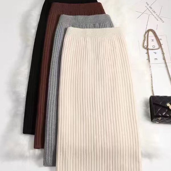 Gonna a tubino in maglia a vita alta da donna - Lunghezza media, vestibilità slim, colore puro, elegante, da ufficio (disponibile in crema, nero, grigio, caffè)_voghion.com