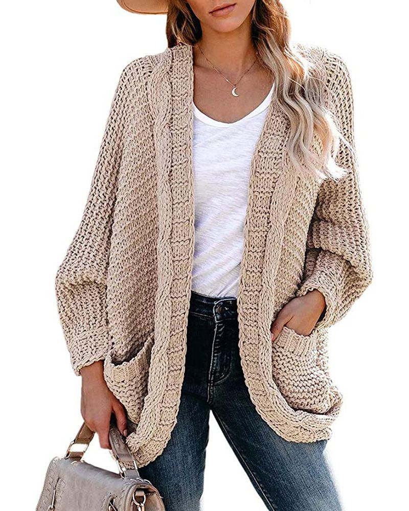 Grober Zopfmuster-Cardigan – Übergroßer Pullovermantel mit Fledermausärmeln für Damen, weiches Garn aus Acrylmischung, langer V-Ausschnitt, offene Vorderseite, lässiger Pullover_voghion.com