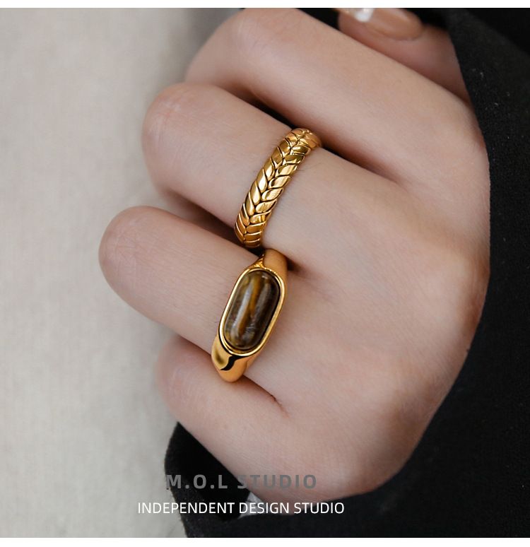 Anello da sella in pietra naturale occhio di tigre placcato di alta qualità per donna, anello a forma di spiga di grano, design impilabile, regolabile_voghion.com