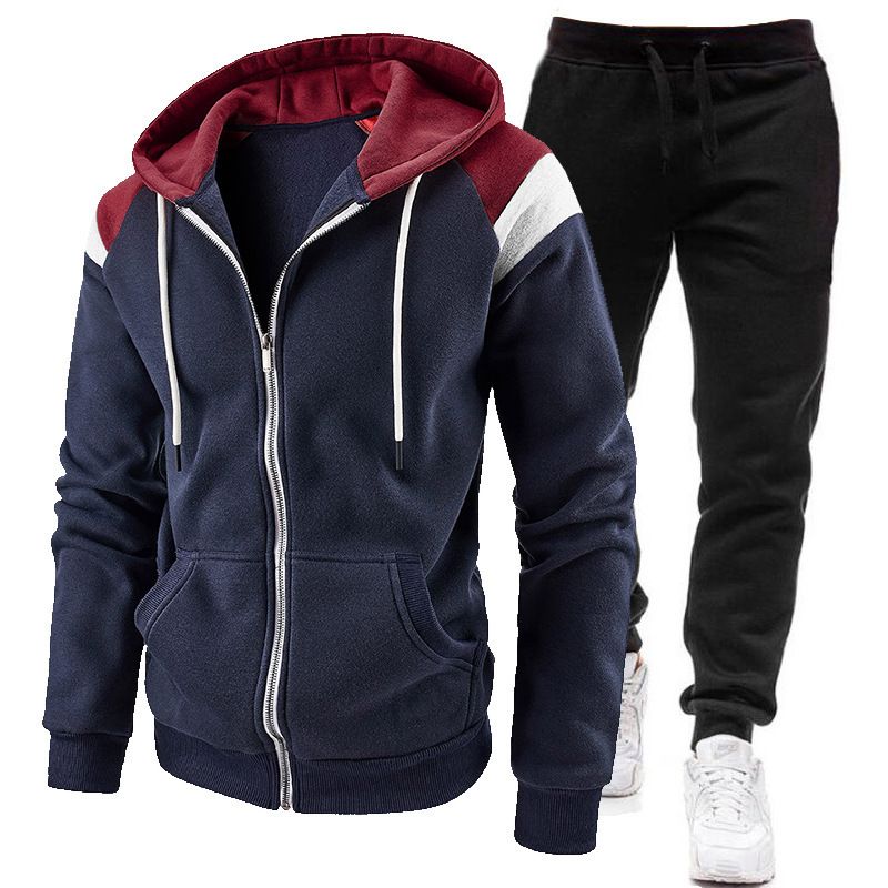 Nueva sudadera con capucha, suéter, pantalones, conjunto deportivo informal de felpa para otoño e invierno con cremallera a juego de colores para hombres_voghion.com