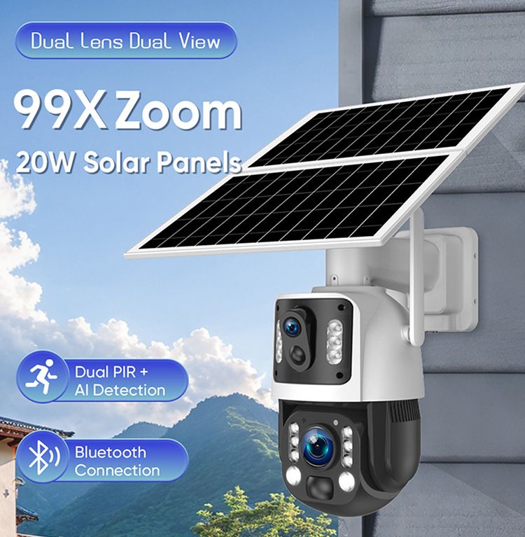 Caméra de sécurité solaire extérieure 6 MP, zoom 99X, Wi-Fi/4G, version UE, vision nocturne, étanchéité IP66, stockage sur carte TF, caméra de surveillance à énergie solaire._voghion.com