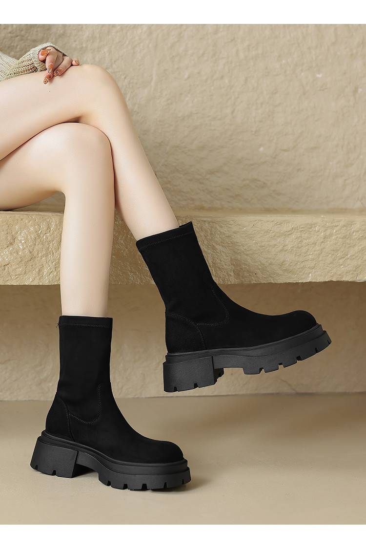 Cameido Botas cortas elásticas de ante para mujer con suela gruesa que realza, botas adelgazantes_voghion.com