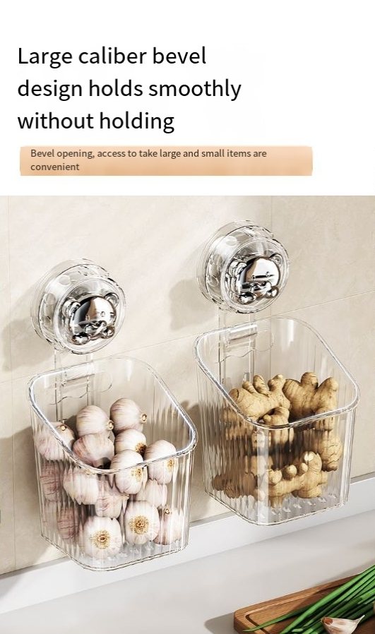 Boîte de rangement à ventouse pour oignons, gingembre et ail, panier de rangement de cuisine, support de rangement mural sans perforation, égouttoir à gingembre et à ail_voghion.com