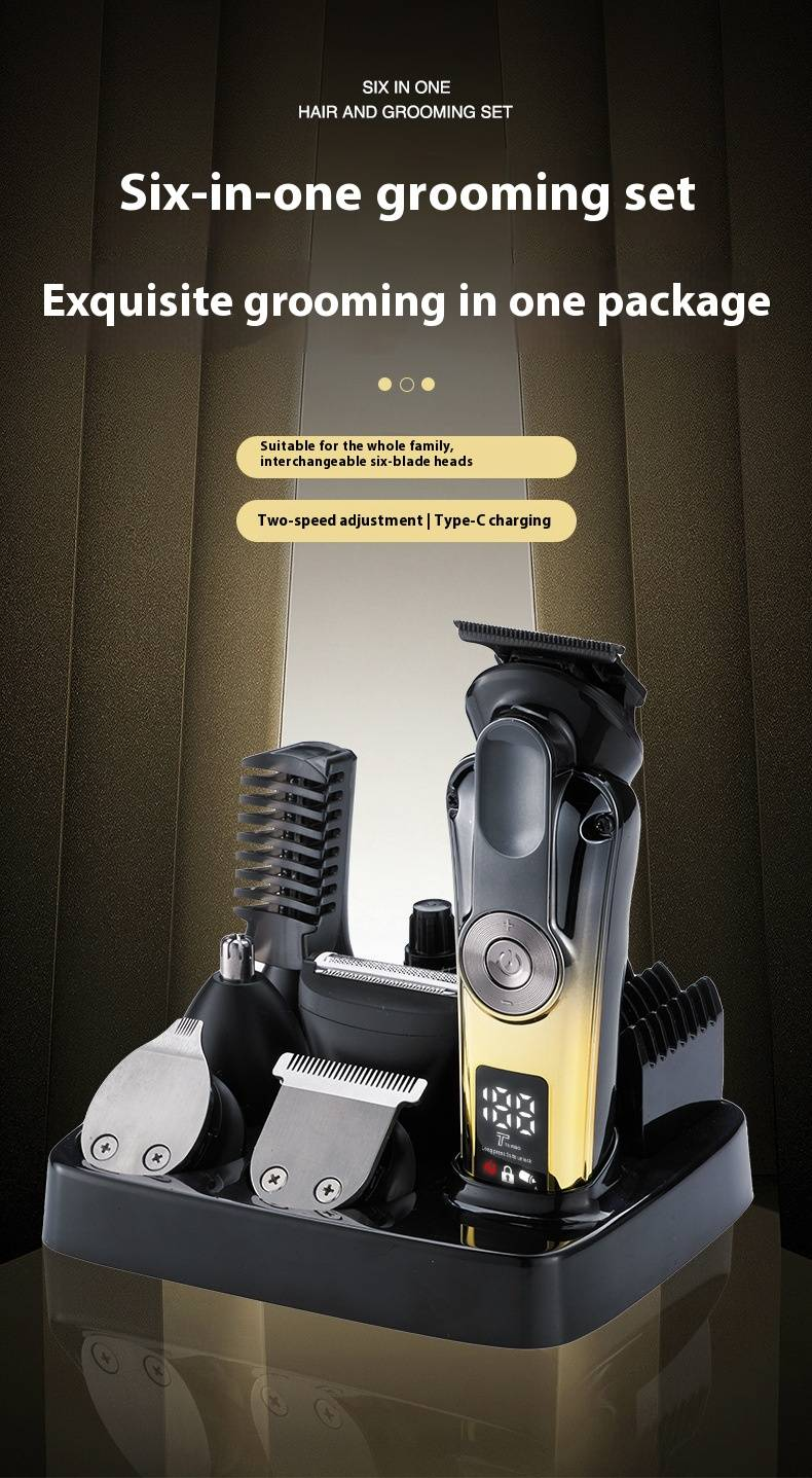 6-in-1 Electric Hair Clipper Kit - Rechargeable Trimmer With LCD Display, Waterproof Design For Beard, Nose Hair & Body Grooming_voghion.com