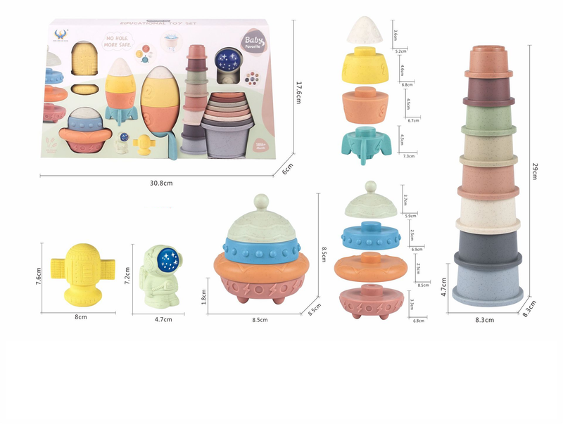 Anéis de empilhamento de palha de trigo não tóxicos para mães e filhos, brinquedos de banho de dinossauro para crianças pequenas, blocos de construção macios para aprendizagem precoce, jogo sensorial Montessori_voghion.com