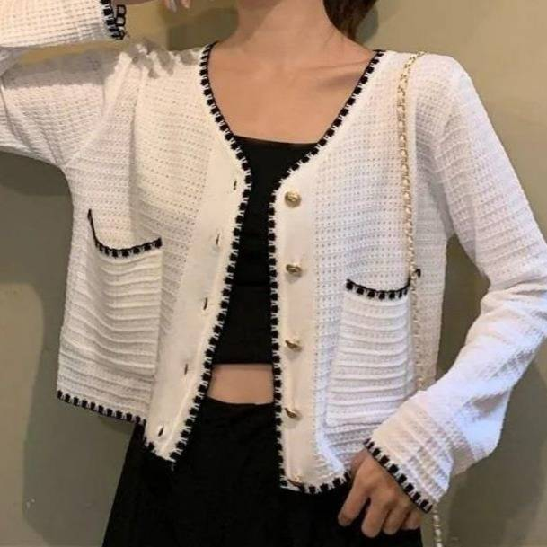 Lichtgewicht V-hals gebreide cardigan voor dames, dunne top met lange mouwen en open voorkant, korte cropped blouse met vetersluiting_voghion.com