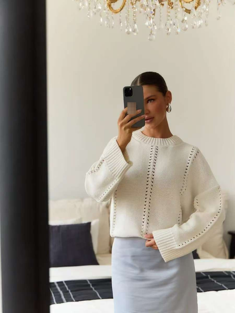 Breathable Knit Sweater Women's Oversized Loose Fit Round Neck Lace Crochet Pullover Top - Soft Acrylic Polyester Blend Yarn_voghion.com
