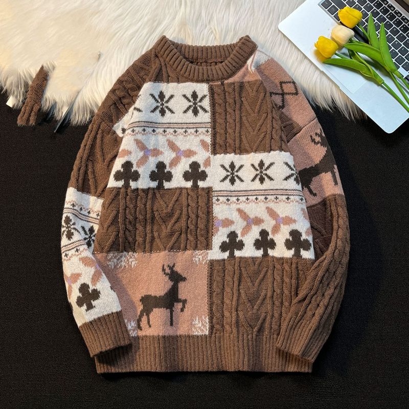 Geïnspireerde patchworktrui – Unisex oversized breisel met vintage Hong Kong-stijl_voghion.com