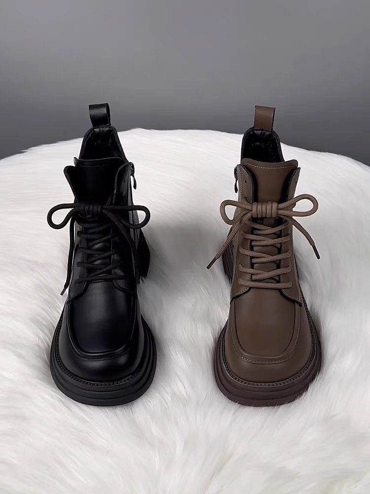 Soft Leather And Down-lined Marten Boots, Women's Cotton Boots, 2025 Autumn-winter New Style, Thick Sole, Warm And Cozy Short Boots_voghion.com