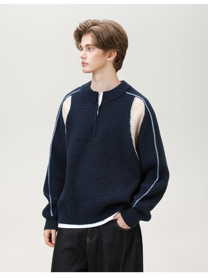 Maglione da uomo in maglia scamosciata sintetica color-block – Pullover termico con mezza zip e trama a griglia (M-XXL, grigio kaki/grigio ghiaccio/blu navy)_voghion.com