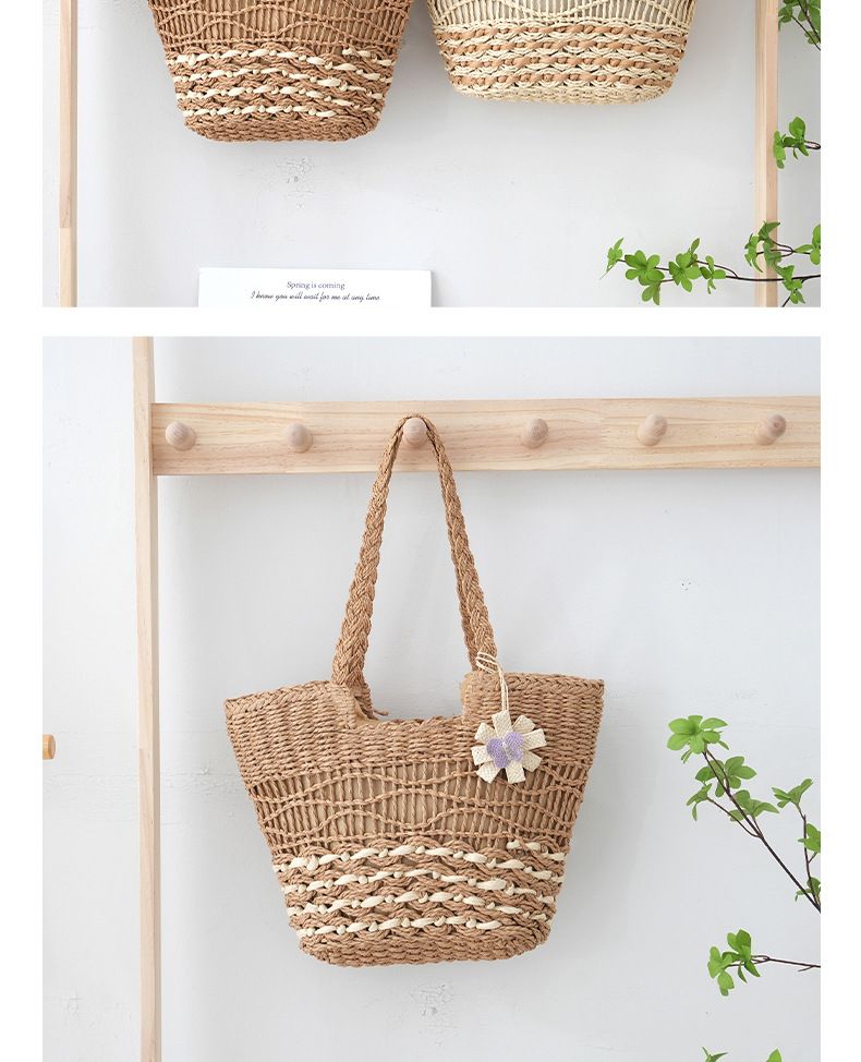 Borse a tracolla da donna, borsa a tracolla singola in paglia intrecciata a mano, borsa tote di grande capacità con fodera interna e borsa da spiaggia ondulata traforata per donna_voghion.com