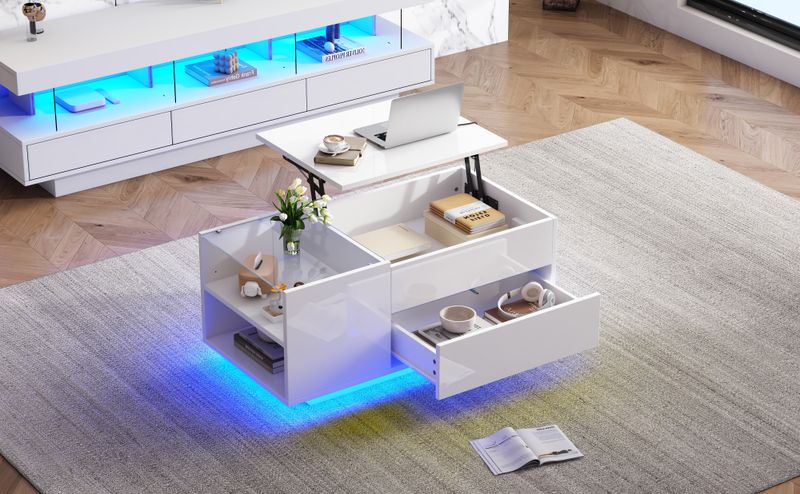 Table basse réglable en hauteur 95 x 48 x 42 cm avec rangement dissimulé, éclairage LED, tiroir et prise – Table d'appoint de salon blanche_voghion.com