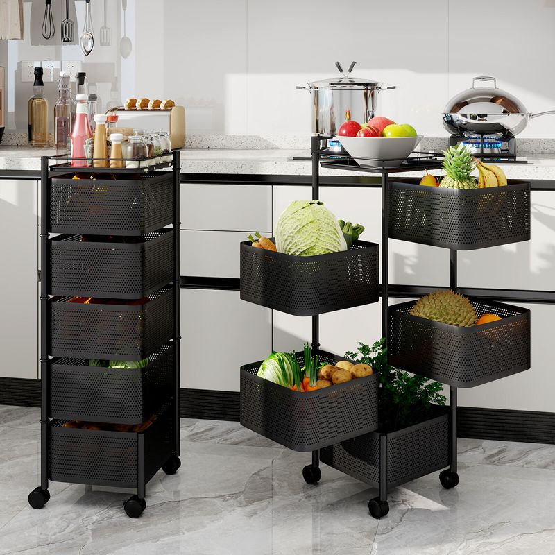 5 Tier Square Trolley Basket Rack Kitchen Storage Vegetable Cart With Wheels_voghion.com