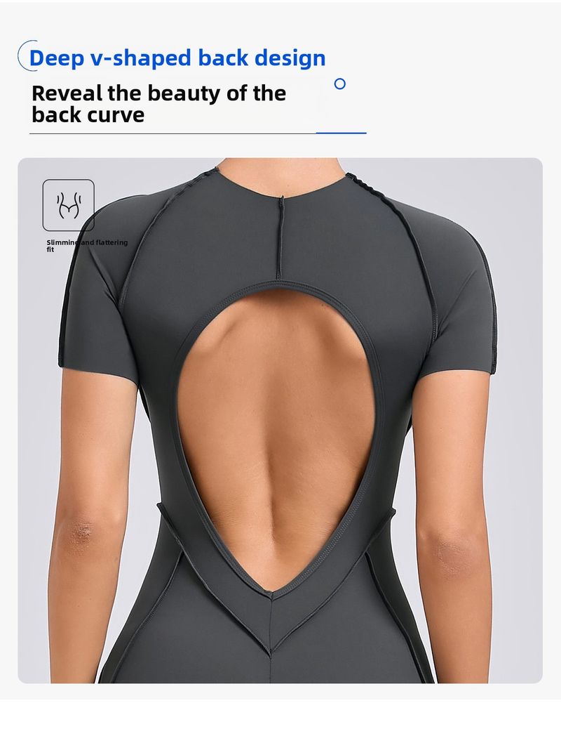 Tuta sportiva da yoga in un unico pezzo, aderente, a maniche corte e senza schienale, con estetica tridimensionale europea e americana_voghion.com