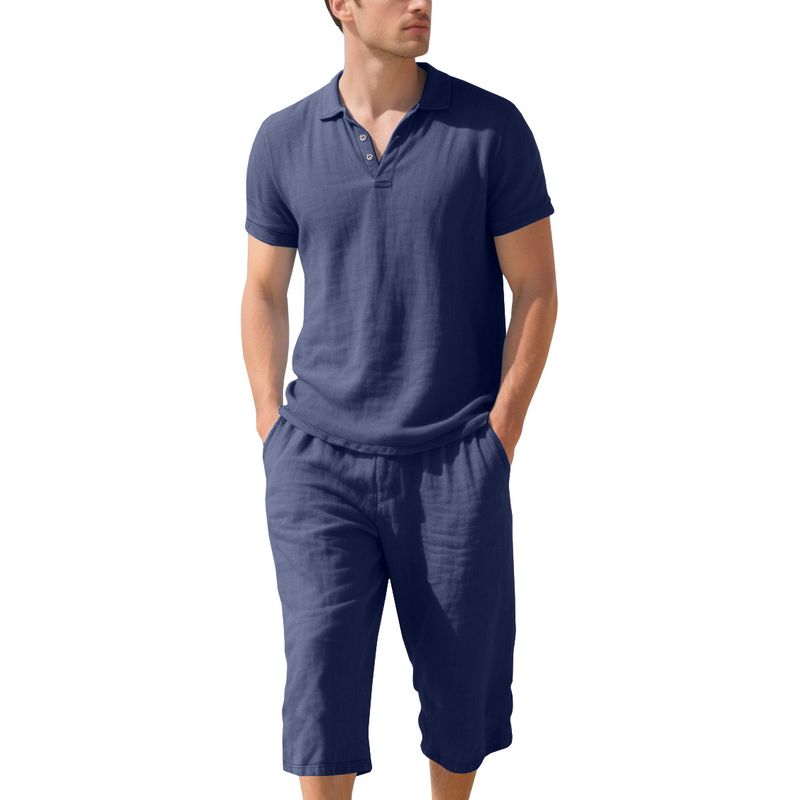 Polo da uomo estivo, casual, ampio, traspirante, in lino, con maniche corte e pantaloni a sette quarti_voghion.com