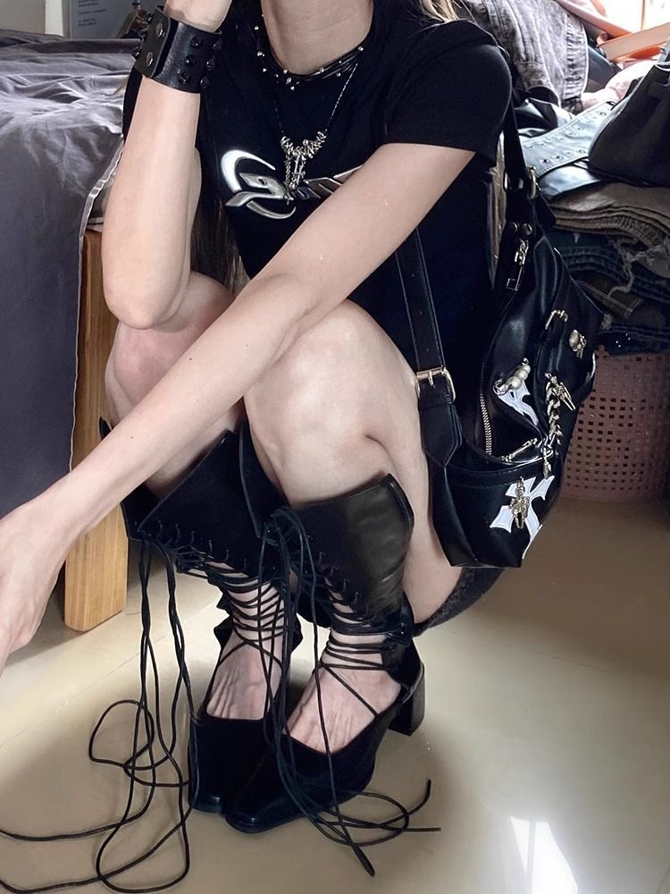 Hohle, atmungsaktive, sexy Stiefel mit Spaghettiträgern und hohem Absatz, modisch, vielseitig, lässig, für den Alltag, bequem_voghion.com