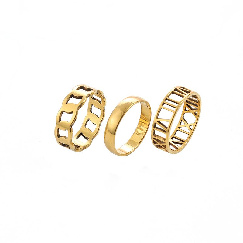 New Roman numeral three piece set titanium geometric smooth irregular hollow stainless steel ring jewelry_voghion.com
