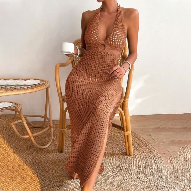 Vêtements pour femmes, nouvelle jupe de plage d'été pour femmes, couleur unie, sexy, tricotée, ajourée, robe de plage, cache-maillot de bain_voghion.com