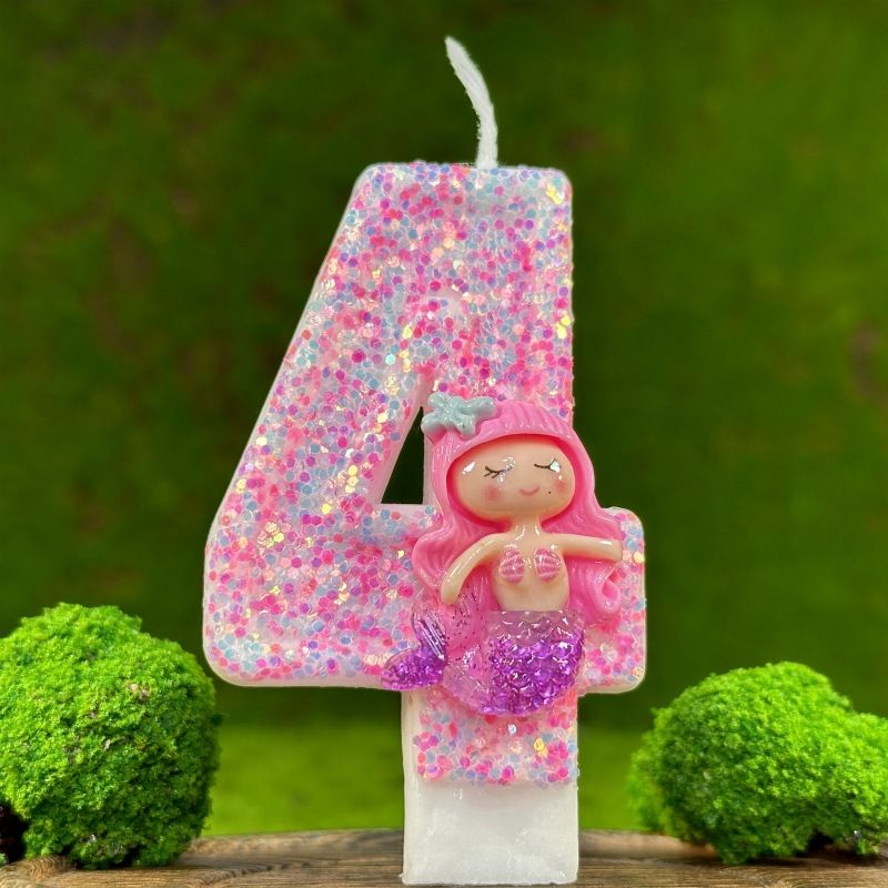 Kreatywny tort, cyfrowa świeca, różowa syrenka, przyjęcie urodzinowe, ręcznie robiona dekoracja_voghion.com