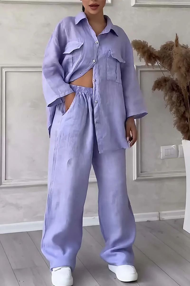 Abbigliamento da donna, due pezzi, camicia in cotone e lino, completo, pantaloni larghi a vita alta, taglie forti_voghion.com