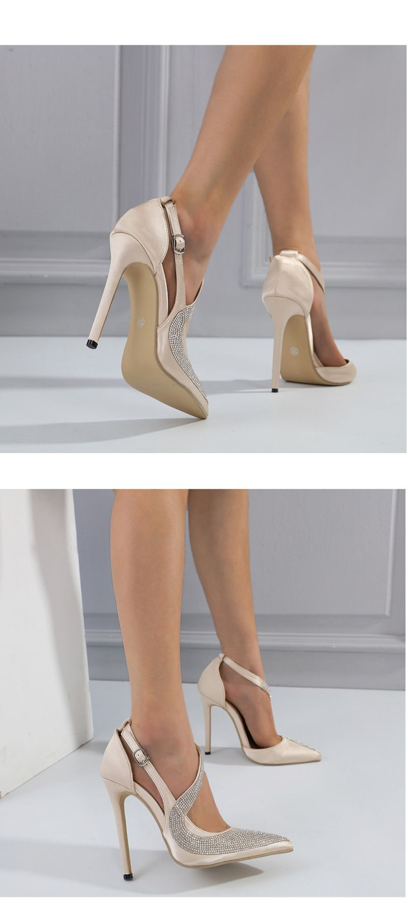 P9shoes Fashion Color Matching Shallow Mouth Single Shoes Women's Rhinestone Stiletto Pointed Black European And_voghion.com