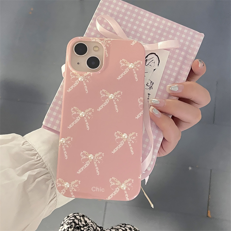 Custodia per telefono con fiocco rosa perla per ragazza, adatta per iPhone 15 Promax 13, 11, 3D, 12, 14._voghion.com