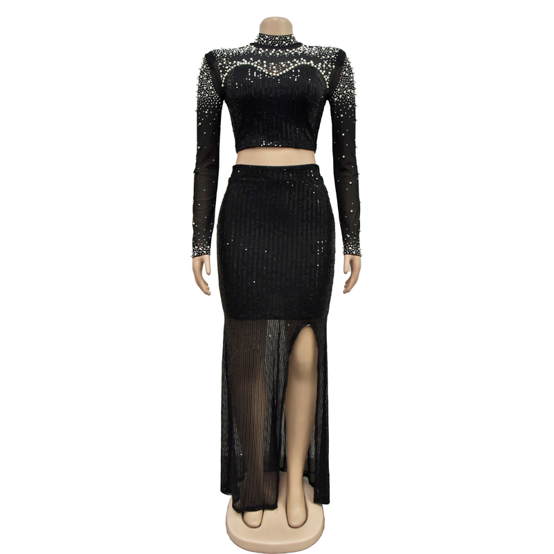 Damenbekleidung, modisches Damen-Zweiteiler-Set mit Rundhalsausschnitt, Mesh-Pailletten, langen Ärmeln und langem Rock_voghion.com