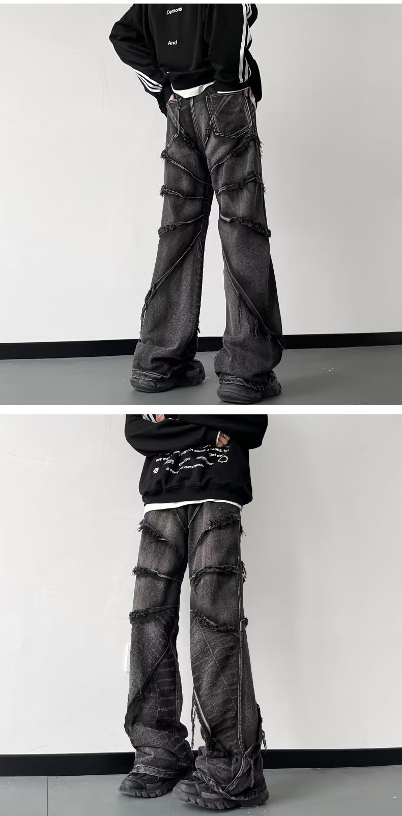 Men's  and womenCross-border washed jeans for  in spring and autumn American retro raw edge design loose straight wide-leg floor mopping pants_voghion.com
