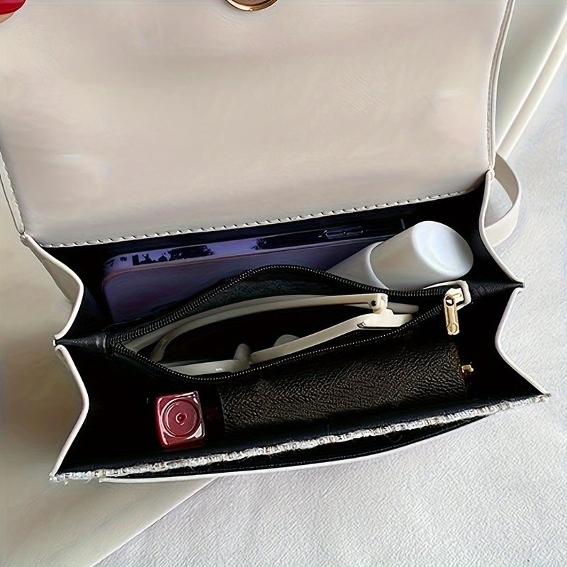 Mini Plaid Pattern Tweed Buckle Decor Shoulder Square Bag, Chain Crossbody Flap Purse For Everyday_voghion.com