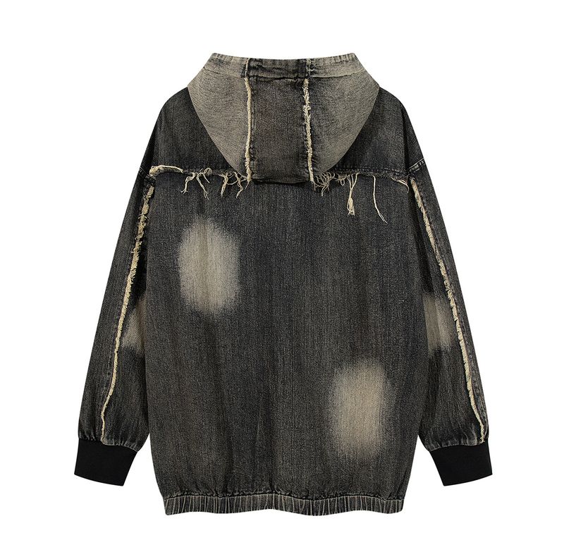 Men's Clothing New High Street Trendy Brand Denim Hoodie Wasteland Style Washed Splicing Hooded Sweatshirt_voghion.com