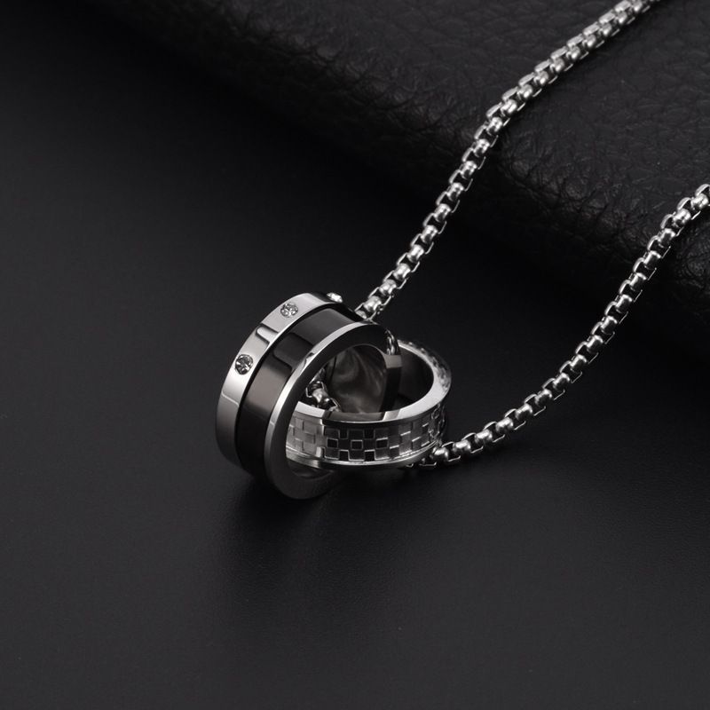 Collana con doppio cerchio in acciaio inossidabile, da uomo, con ciondolo a doppio anello, stile hip hop, alla moda, con lunga catena per maglione._voghion.com