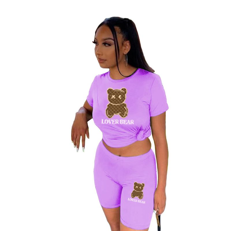 Damen-Trainingsanzug mit T-Shirt-Shorts und Bären-Print_voghion.com