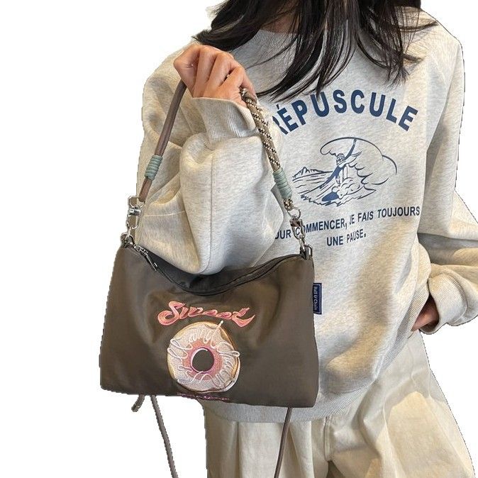 Embroidered Donut Handbag Nylon Fabric Trendy Women Japanese And Korean Style Casual Outing Commuting Crossbody_voghion.com