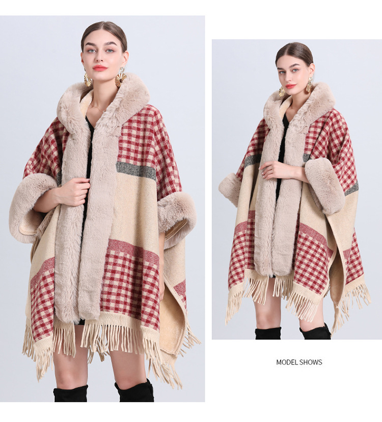 Dameskleding losse plaid plus fluwelen dikke bontkraag gebreide sjaal cape dameswollen sjaaljas_voghion.com